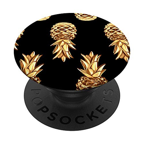 Black Abstract Cute Yellow Pineapple Tropical Floral Pattern PopSockets PopGrip Swappable Grip for Phones  and  Tablets