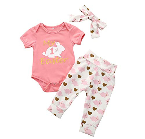 Newborn Baby Girl Easter Outfits My First Easter Pajamas Short Sleeve Romper PlusLong Pants PlusHeadband 3Pcs Baby Girl Easter Clothes Set -Pink A 6-9 Months-