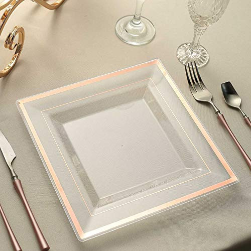 Efavormart 10 Pack 10 inch Clear Disposable Plates Square Plastic Plates Salad Dessert Plates With Shiny Rose Gold Rim For Weddings