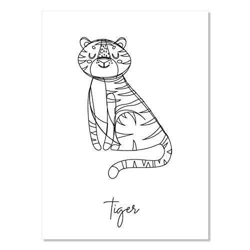 Nursery Tiger Line Art Black and White Print Unframed