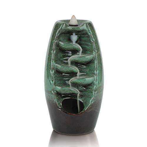 ComSaf Backflow Incense Burner Ceramic Waterfall Incense Holder Handmade Porcelain Censer Incense Cones Holder Aromatherapy Ornament Gift for Home Decor Yoga Spa Meditation Green