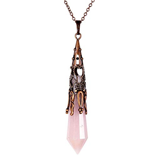 Bivei Retro Brass 12 Faceted Prism Chakra Necklace Witch Dowsing Pendulum Gemstone Quartz Point Top Healing Crystal Pendant Divination Reiki Antique Gift-Rose Quartz-