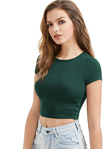 SweatyRocks Womens Basic Short Sleeve Scoop Neck Crop Top Green Small
