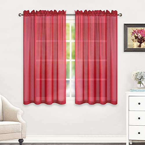 HUTO Rod Pocket Red Sheer Window Panels Curtains for Bedroom Sheer Voile Curtains Drapes 45 inches Long 2 Panels Short Sheer Curtains for Kitchen