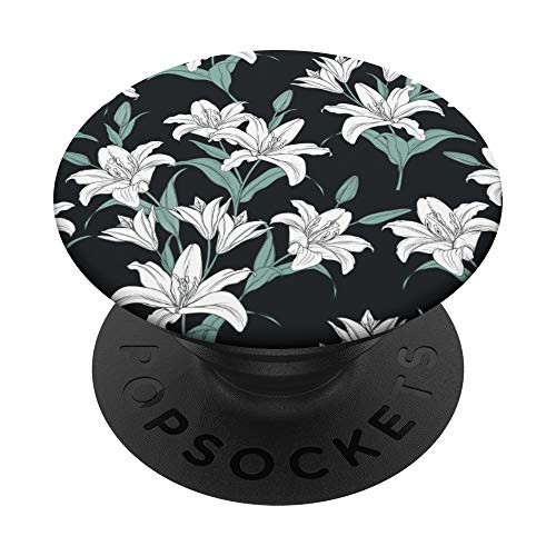Elegant Green  and  White Lily Floral Pattern - Black PopSockets PopGrip Swappable Grip for Phones  and  Tablets