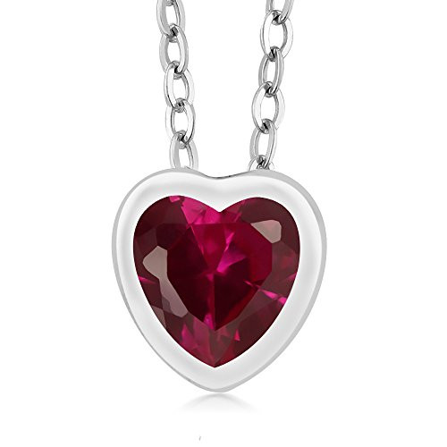Gem Stone King 0.96Ct Heart Shape Red Created Ruby 925 Sterling Silver Pendant With 18 inches Chain