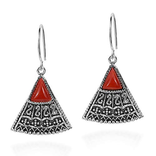 Balinese Art Triangle Shape Reconstructed Red Coral .925 Sterling Silver Dangle Earrings