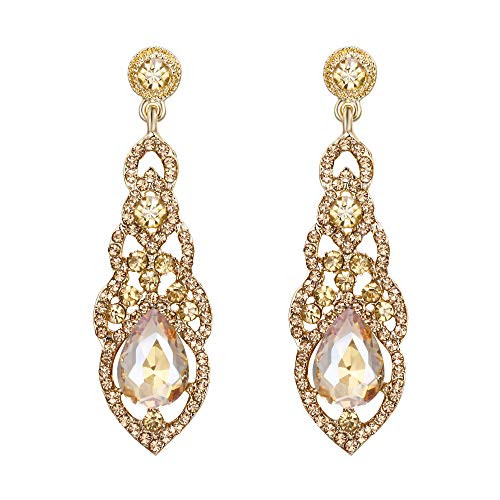 BriLove Wedding Bridal Dangle Earrings for Women Crystal Art Deco Teardrop Hollow Chandelier Earrings Champagne Gold-Toned