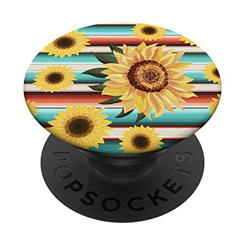 Mexican Serape Turquoise Sunflower Pattern Yellow Flower PopSockets PopGrip Swappable Grip for Phones  and  Tablets
