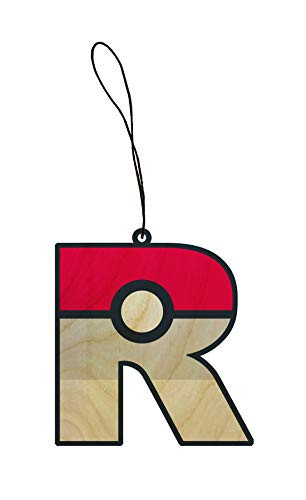 Letter R Red Grey and White Game Capture Ball Parody Engraved Printed Wooden Rear View Mirror Car Charm Dangler
