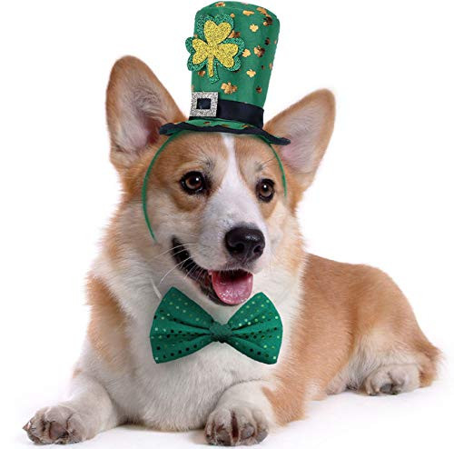 St Patricks Day Dog Costume - St. Pattys Day Doggie Headband and Green Bow Tie Kit