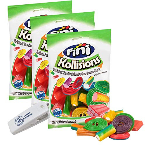 Fini Kollisions Chewy Licorice Candy - -3-Pack 4 oz Bag- - Sweet and Sour Assorted Fruit Flavored Candies Bundled with Coveys Concessions Clip