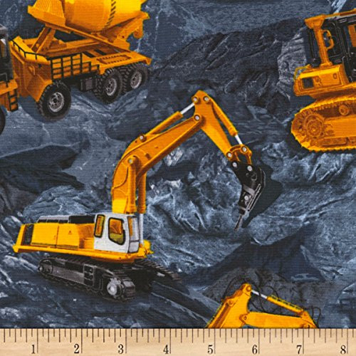 Timeless Treasures Slate Construction Trucks Fabric by The Yard