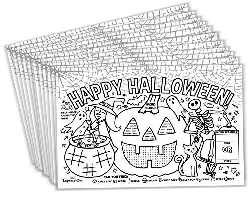 Tiny Expressions  Halloween Placemats for Kids -Pack of 12 Pumpkin Placemats- - Coloring Activity Paper Table Mats for Childrens School Party Craft - Disposable Bulk Bundle Set