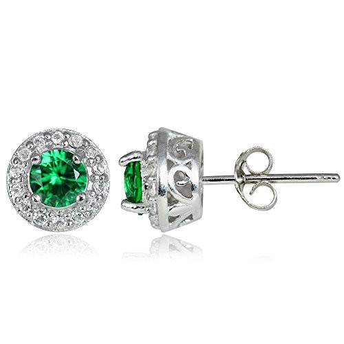Sterling Silver Synthetic Emerald  and  White Topaz 4mm Halo Stud Earrings