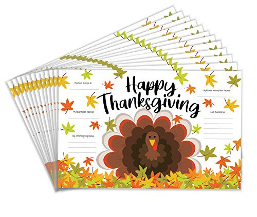 Tiny Expressions - Thanksgiving Placemats for Families -Pack of 12 Turkey Placemats- - Color Activity Paper Table Mats for Kids to Write Thankful List - Disposable Bulk Decor Bundle Set