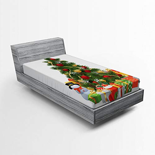 Ambesonne Christmas Fitted Sheet Xmas Tree with Vivid Balls and Snowflakes New Year Celebration Theme Art Soft Decorative Fabric Bedding All-Round Elastic Pocket Twin Size Yellow Green