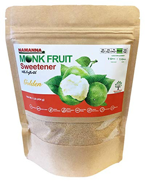 NAMANNA Monk Fruit Sweetener - 11 Brown Sugar Substitute Keto Sugar Free Non GMO Kosher Gluten Free Golden with Erythritol Granulated 1 lb