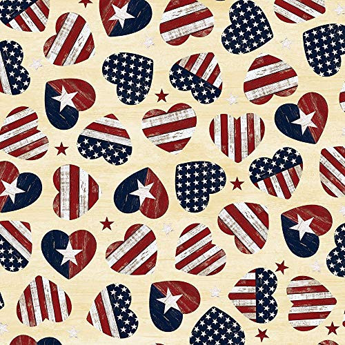 Timeless Treasures Fabrics Land of The Free Cream American Flag Hearts