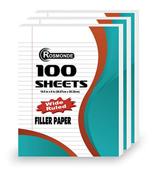 Rosmonde Loose Leaf Paper Wide Ruled 200 Sheets 10-1/2 inch x 8 inch Lined Filler Paper 3 Hole Punched for 3 Ring Binder Writing  and  Office Paper Perfect for College K-12 or Homeschool 3 Pack