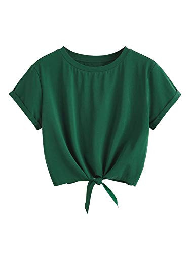 Romwe Womens Tie Knot Front Cuffed Sleeve Crop Top Tee T-Shirt Green-Pure X-Large