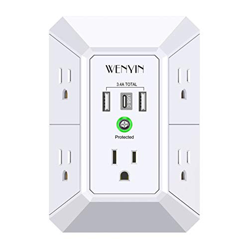 USB Wall Charger Surge Protector 5 Outlet Extender with 3 USB Ports? 3-Sided 1680J Power Strip Multi Plug Outlets Wall Adapter Spaced for Home Travel Office -2USB 1Typc C-