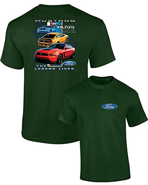 Ford Mustang Boss 302 T-Shirt Legend Lives F and B Tee Forest L