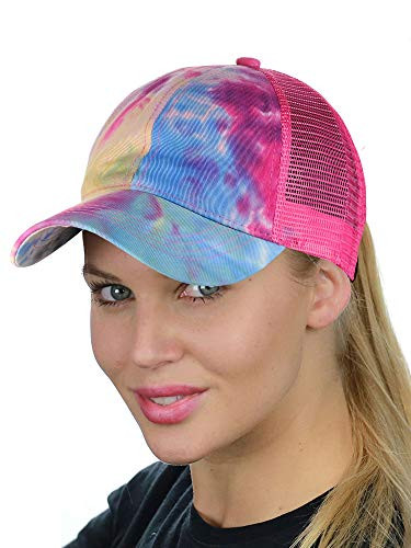 C.C Ponycap Messy High Bun Ponytail Adjustable Mesh Trucker Baseball Cap Hat Tie Dye Hot Pink