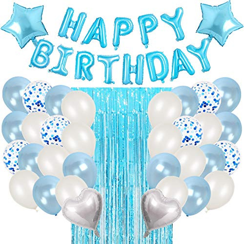 JOYYPOP Blue Birthday Party Decorations Set with Happy Birthday Balloons Banner Confetti Balloons Foil Fringe Curtain for Baby Shower Birthday Party Supplies