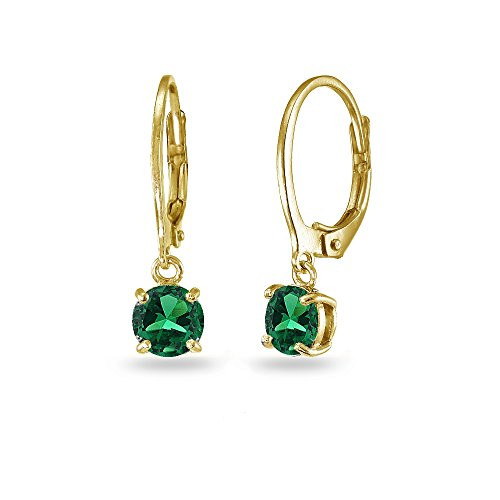LOVVE Yellow Gold Flashed Sterling Silver Created Emerald 6mm Round Dangle Leverback Earrings