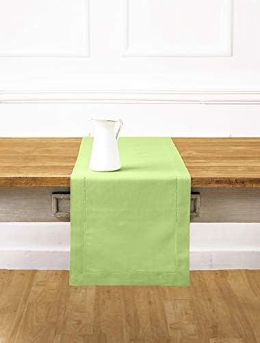 Solino Home Hemstitch Cotton Linen Table Runner  14 x 72 Inch Natural Fabric Machine Washable Table Runner  Green