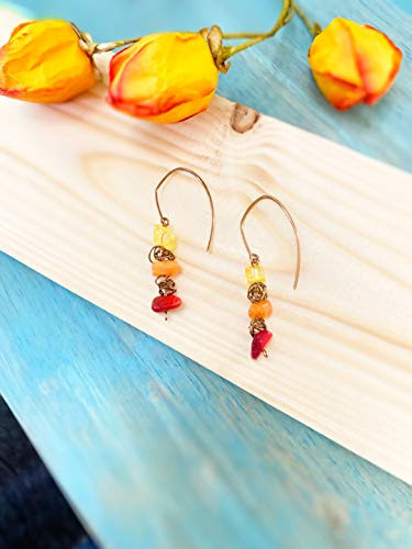 Antiqued Copper and Red Orange Yellow Stone Drop Dangle Earrings Fall Autumn