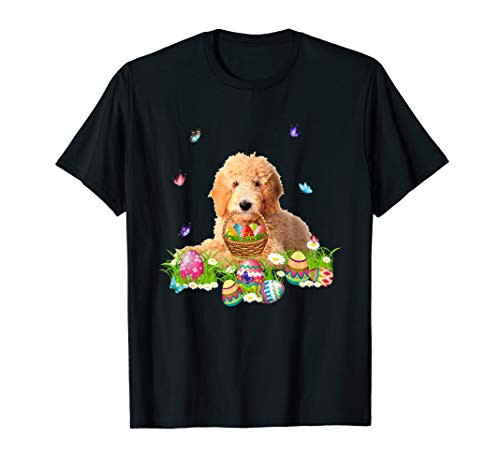 Goldendoodle Bunny Dog With Easter Eggs Basket Butterflies T-Shirt
