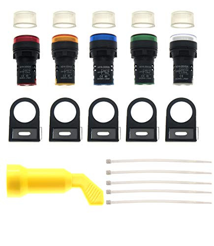 RESALET Indicator Lights Lamp Set AC/DC 110V Red PlusGreen PlusBlue PlusYellow PlusWhite LED 22mm Panel Mount with Wrench Notice Board for Electrical Control Panel HVAC DIY Projects 10Pcs