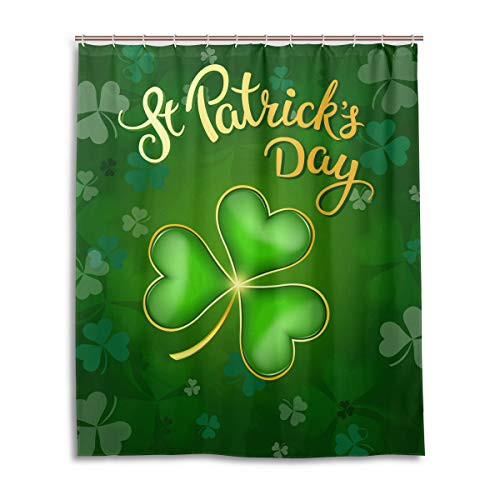Wamika Happy St Patricks Day Shamrock Clovers Leaf Shower Curtain 60 W x 72 H inches Green Shamrock Clover Gold Coin Rainbow Lucky Bathroom Curtain Set with Hooks Bath Decoration