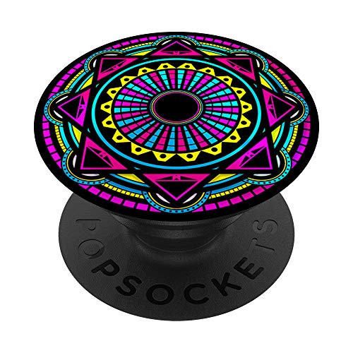 Pink Yellow Blue 80s Centric Mandala Circle Pattern PopSockets PopGrip Swappable Grip for Phones  and  Tablets