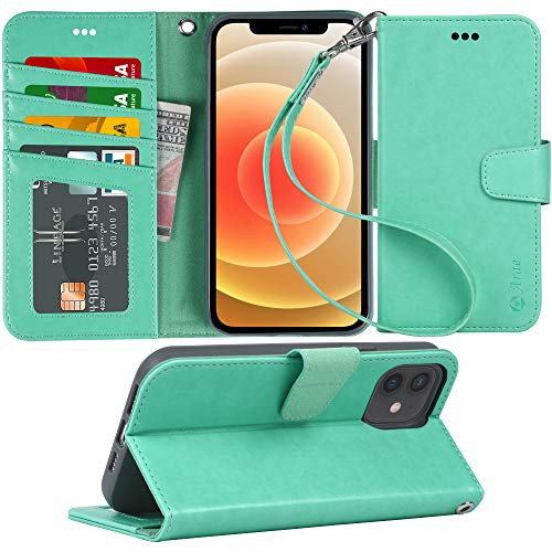 Arae Case for iPhone 12 and iPhone 12 Pro Wallet Case Flip Cover with Card Holder and Wrist Strap for iPhone 12/12 Pro 6.1 inch - Green
