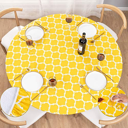 UMINEUX Round Fitted Vinyl Tablecloth with Elastic Edged and Flannel Backing Waterproof Wipeable Round Table Cover for Indoor Outdoor Patio Use - Fits Tables up to 44 inch - 56 inch Diameter-Yellow Moroccan- UMINEUX Round Fitted Vinyl Tablecloth with Elastic Edged and Flannel Backing Waterproof Wipeable Round Table Cover for Indoor Outdoor Patio Use - Fits Tables up to 44 inch - 56 inch Diameter-Yellow Moroccan-