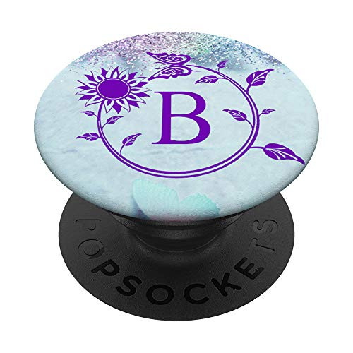 Teal Blue Butterfly Purple Letter B Initial Sunflower Design PopSockets PopGrip Swappable Grip for Phones  and  Tablets