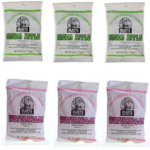 Claeys Old Fashioned Hard Candy - Variety 6 Pack - Green Apple and Watermelon - 3 of Each Flavor - 36 Ounces Total