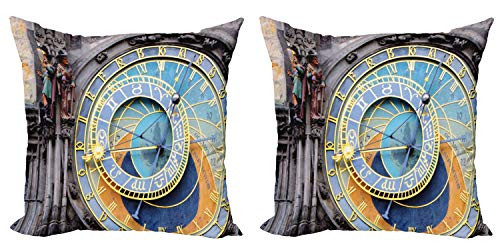 Ambesonne Clock Decorative Throw Pillow Case Pack of 2 Prague Astronomical Clock in The Old Town an European Medieval Landmark of City Couch Bedroom Living Room Cushion Cover 18 inch Blue and Yellow