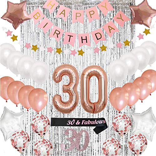 Finypa 30th Birthday Decorations Party Supplies Kit - 30th Birthday Gifts for Womens 30th Cake Topper-Banner-sash-Rose Gold Curtain Backdrop Props-Happy Birthday Banner-Champagne Balloon Finypa 30th Birthday Decorations Party Supplies Kit - 30th Birthday Gifts for Womens 30th Cake Topper-Banner-sash-Rose Gold Curtain Backdrop Props-Happy Birthday Banner-Champagne Balloon