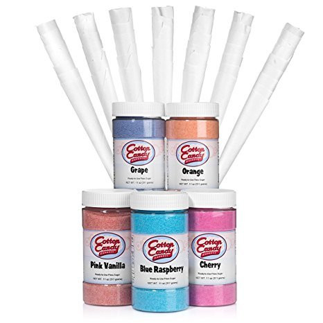 5 Flavor Cotton Candy Fun Pack by Cotton Candy Express | Featuring 11 oz. Jars of Floss Sugar - Blue Raspberry, Cherry, Grape, Orange, Pink Vanilla, and 50 Cotton Candy Cones | Home or Commercial Use
