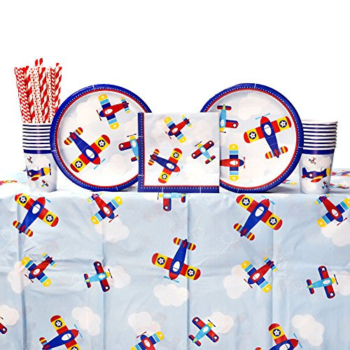 Lil' Flyer Airplane 1st Birthday Party Supply Pack for 16 Guests: Straws, Dinner Plates, Luncheon Napkins, Table Cover, and Cups Lil' Flyer Airplane 1st Birthday Party Supply Pack for 16 Guests: Straws, Dinner Plates, Luncheon Napkins, Table Cover, and Cups
