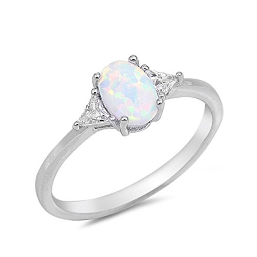 Blue Apple Co. Accent Wedding Ring Oval Cut Lab Created White Opal Triangle Cubic Zirconia 925 Sterling Silver