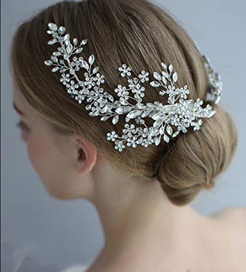 Chargances Bride Floral Crystal Hair Clips Silver Hair Pins Wedding Accessories Bride Headpiece Crystal Hair Pins Bohemia Hair Clips Wedding Hair Piece Sparkle Handmade Hair Jewelry -Left side clip-