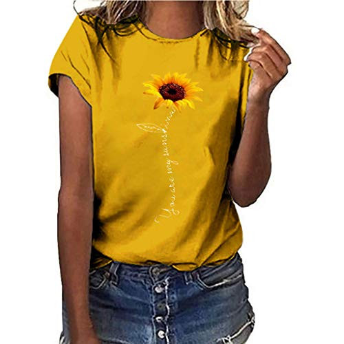Meikosks Womens Sunflower Print Tops Short Sleeve Round Neck T Shirt Loose Pullover Yellow