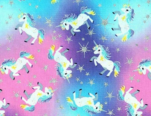 Fat Quarter 1/4 Yard - Unicorns and Stars Pastel Colored Metallic Sewing Fabric 100 percent Cotton -18 inch x 21 inch-