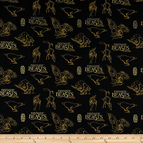 Wizarding World Fantastic Beasts Logo  and  Creatures in Black with Metallic Quilt Fabric