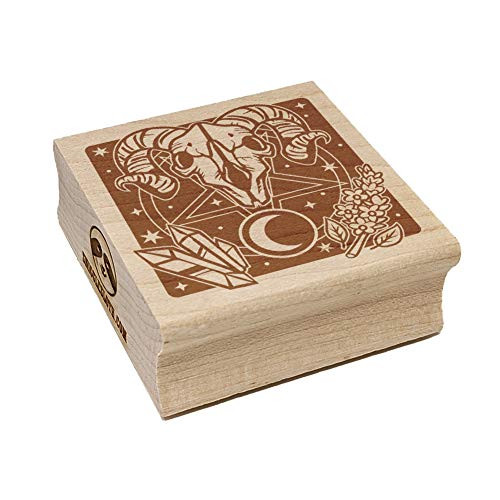 Wiccan Witch Circle Pentagram with Ram Skull Crystal Square Rubber Stamp for Stamping Crafting - 1.75in Medium